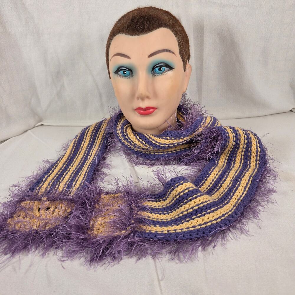 Purple & Gold Long Scarf Handcrafted 4" x72" Eyelash Yarn Fringe Vikings